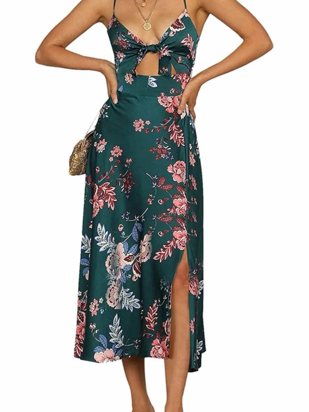 Floral Tie-Front Midi Dress in Teal and Pink